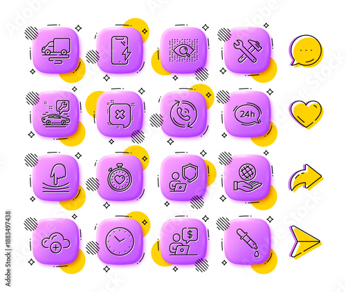 Reject, Elastic and Time line icons. App 3d buttons. Social media comment, share, like icons. Pack of Car service, Smartphone charging, Delivery route icon. Vector