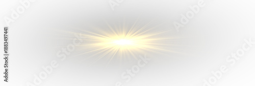 Yellow star flashed with sparkles sun isolated on white background. Soft glow without departing rays, sunlight with lens flare effect. PNG vector light effect