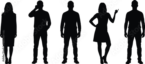 Black silhouettes of five people standing white background