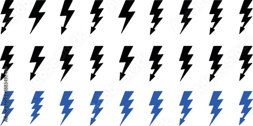 A striking horizontal line of uniform blue lightning bolts runs across the bottom edge of a dark black background, symbolizing consistent power, energy, or electrical flow.