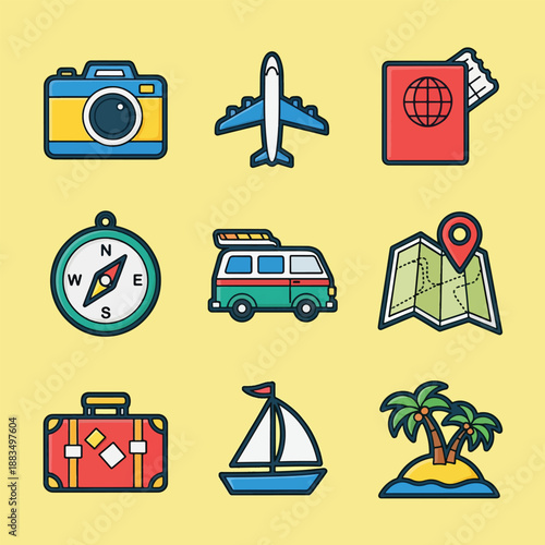 Collection of Travel Icons for Vacation and Adventure.
