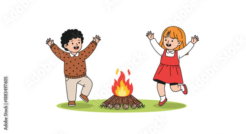 Children Joyfully Dancing Around a Bonfire in a Grassy Field.