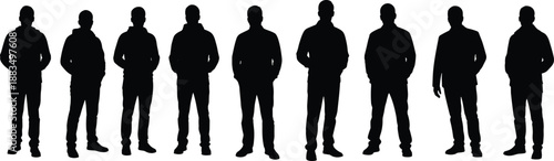 Black silhouettes of men in various poses white background standing
