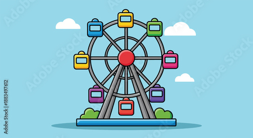 Colorful Ferris Wheel Illustration with Blue Sky and Clouds illustration.