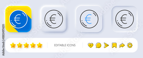 Euro money line icon. Neumorphic, Flat shadow, 3d buttons. Eur currency sign. Cash coin symbol. Line euro money icon. Social media icons. Vector