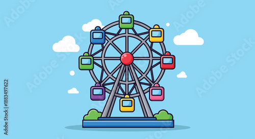 Colorful Ferris Wheel Illustration with Blue Sky and Clouds.