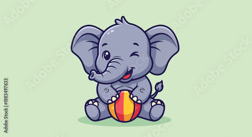 Cute Baby Elephant Playing with Ball Cartoon Vector Illustration.