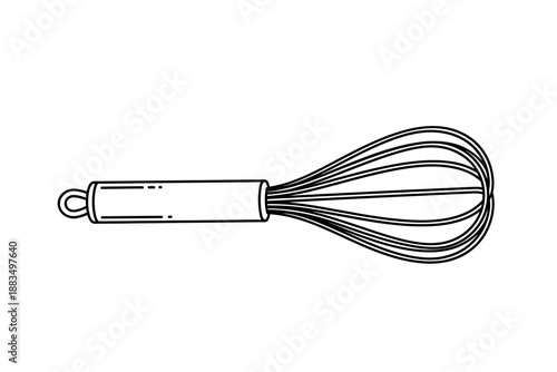 A black and white line drawing of a kitchen whisk with a handle