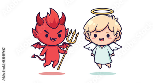 Cute cartoon angel and devil characters floating side by side representing good versus evil.