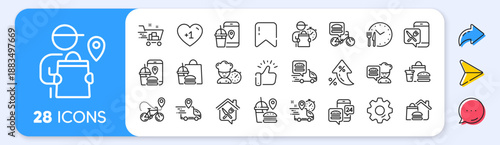 Food delivery line icons. Interest rate, AI generate, Inflation icons. Courier, Deliveryman, Grocery retail. Delivery truck, meal bag, home food order icons. Vector