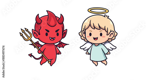 Cute cartoon angel and devil characters representing good and evil.
