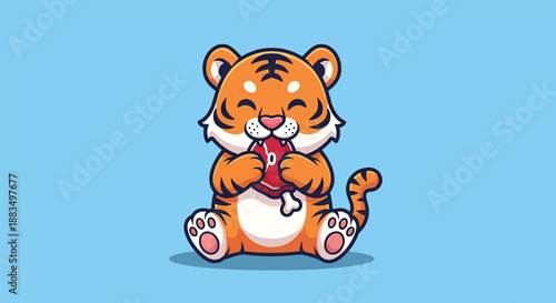 Cute Baby Tiger Eating Meat Cartoon.