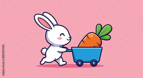 Cute cartoon bunny pushing a cart full of carrots.