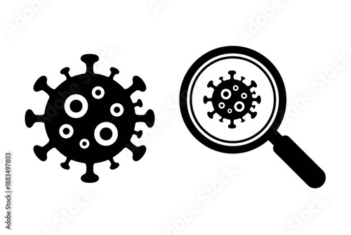 Black icons of a virus and a magnifying glass on a for medical or scientific concepts