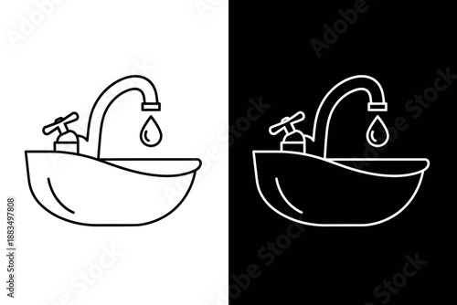 Black and white line art illustration of a bathroom sink with faucet