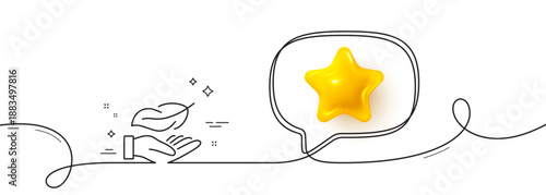 Lightweight line icon. Continuous line with 3d star. Feather quill sign. Light nib symbol. 3d star in speech bubble. Lightweight single line ribbon. Loop curve pattern. Vector