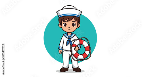 Cute Cartoon Sailor Boy Holding Lifebuoy.