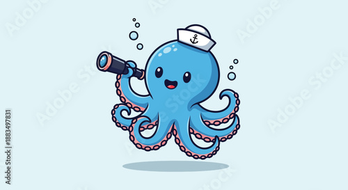 Cute Octopus Sailor with Telescope Cartoon.