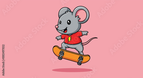 Cute Mouse Playing Skateboard Cartoon.