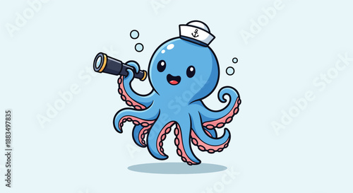 Cute Octopus Sailor Holding Telescope Cartoon Vector Icon Illustration.