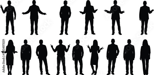 Black silhouettes of people in various poses on white background standing