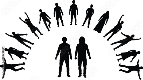 Black silhouettes of people in various poses on white background