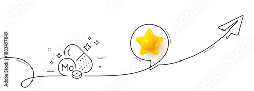 Molybdenum mineral line icon. Continuous line with share plane. Chemical element Mo sign. Capsule or pill symbol. 3d star in speech bubble. Molybdenum mineral single line ribbon. Vector