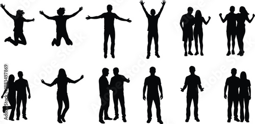 Black silhouettes of people in various poses white background jumping
