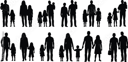 Black silhouettes of people in various family groups