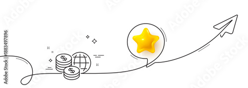 World money line icon. Continuous line with share plane. Global markets sign. Internet payments symbol. 3d star in speech bubble. World money single line ribbon. Loop curve pattern. Vector