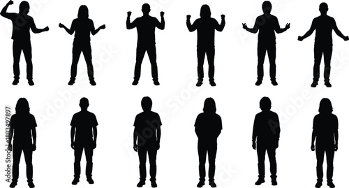 Black silhouettes of people in various poses white background
