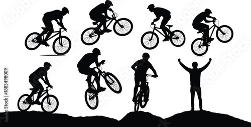 Black silhouettes of people riding bicycles in various poses on white background