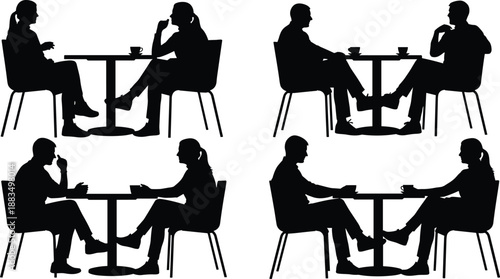 Black silhouettes of people sitting at tables chairs