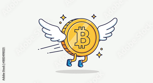 Flying Bitcoin Coin with Wings and Legs illustration.
