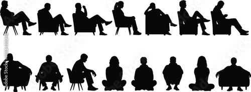 Black silhouettes of people sitting in various positions on chairs and floor