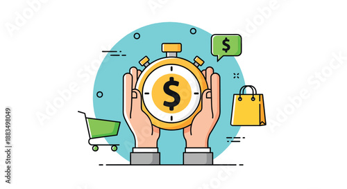 Hands holding a stopwatch with a dollar sign representing time is money in business.