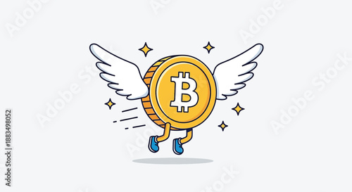 Flying Bitcoin coin with wings illustration.