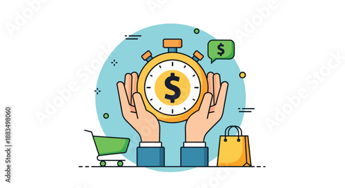 Hands holding a stopwatch with a dollar sign representing time is money.