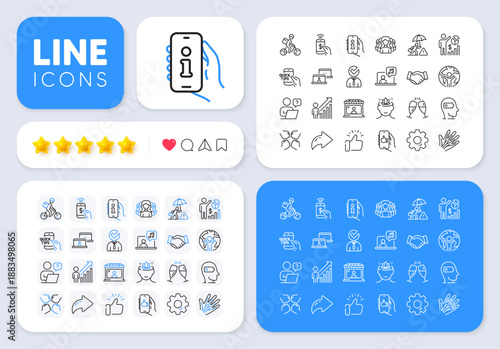Veins, Delivery bike and Education line icons for web app. Message, Share, Like social media icons. Pack of Support, Global business, Phone payment pictogram icons. Vector