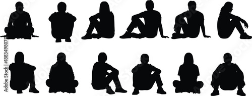 Black silhouettes of people sitting in various poses