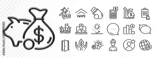 Flash memory, Swipe up and Piggy bank line icons for web app. Glare of light effect. Message icon. Pack of Budget, Foreman, World medicine pictogram icons. Vector