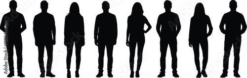 Black silhouettes of people standing in various poses white background