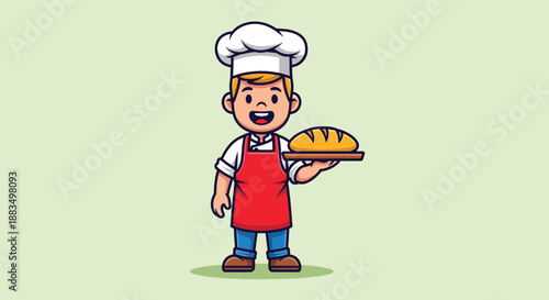 Happy Baker Boy Holding Freshly Baked Bread Loaf.