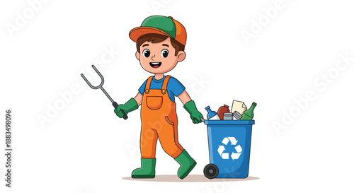 Happy boy in overalls with a trash picker and recycling bin.