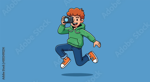 Happy Young Boy Jumping with Camera.