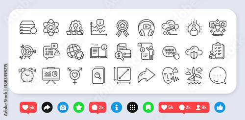 Target, Teamwork and Winner ribbon line icons pack. Social media: share, comment, like icons. Search files, Headphones, Quick tips web icon. Voice wave, Atom core, Windmill pictogram. Vector