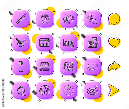 Moisturizing cream, Sale megaphone and Loan house line icons. App 3d buttons. Social media comment, share, like icons. Pack of Buying process, Quiz, Cleaning icon. Vector