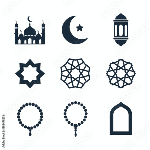Islamic symbols collection featuring mosque crescent star lantern and prayer beads.