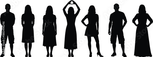 Black silhouettes of seven people in various poses white background standing