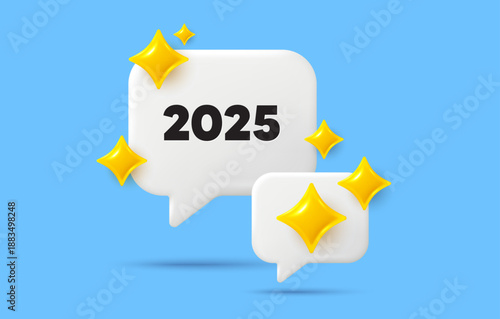 2025 chat speech bubble. Social media concept. 2025 year icon. Event schedule annual date. 2025 annum planner. 3d sparkles chat bubble. Vector
